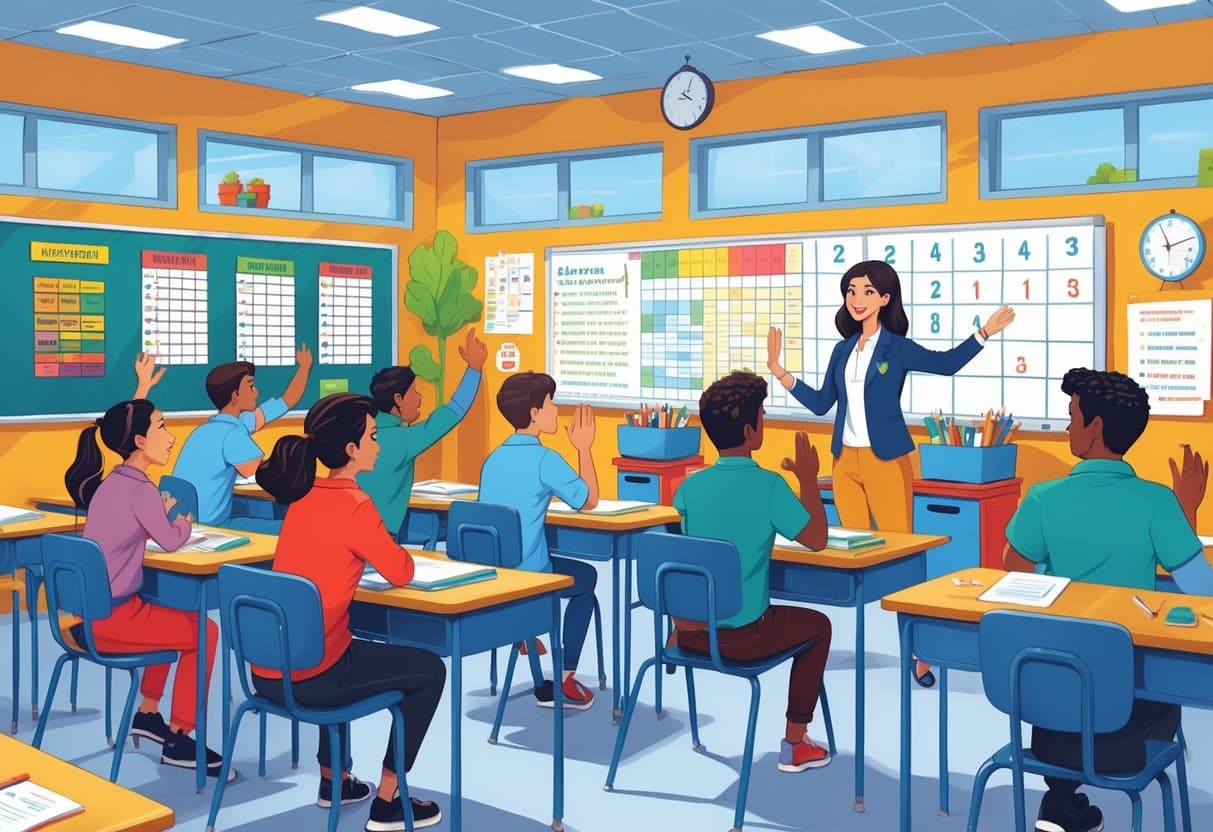 A math teacher interacting with students in a well-organized classroom where students are engaged and working together.