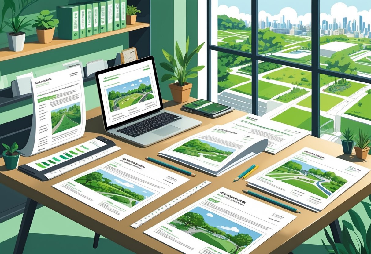 A workspace with resumes, design tools, and landscape architecture plans near a window overlooking a city with green rooftops and parks.