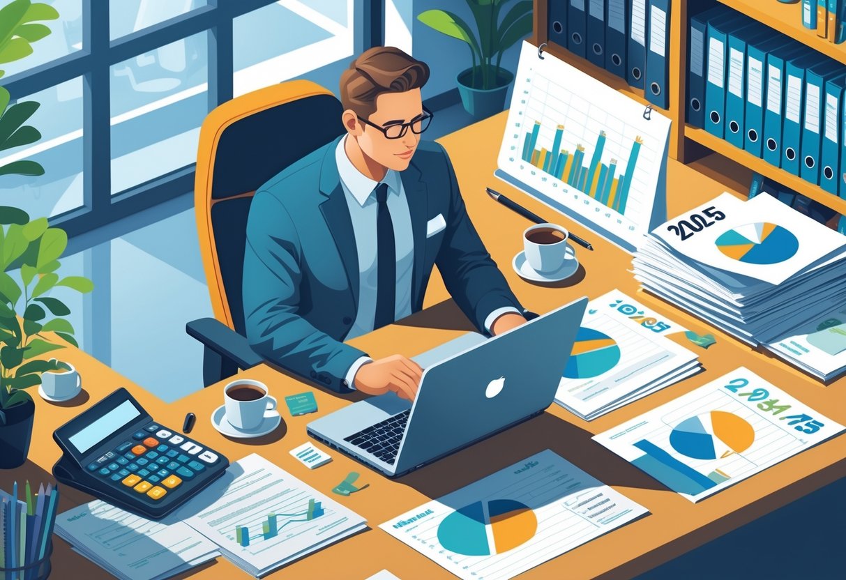 A tax accountant working at a desk with financial documents, a laptop showing charts, a calculator, and office supplies in a modern office setting.