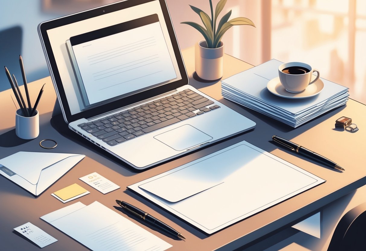 A modern office desk with a laptop, papers, and a pen arranged neatly, suggesting someone preparing to write a formal letter.
