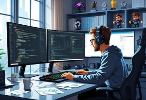 A game developer working at a desk with multiple monitors showing game design and coding, surrounded by gaming equipment and sketches.