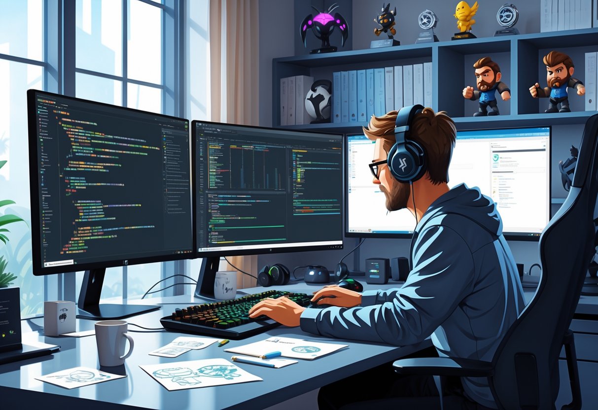 A game developer working at a desk with multiple monitors showing game design and coding, surrounded by gaming equipment and sketches.