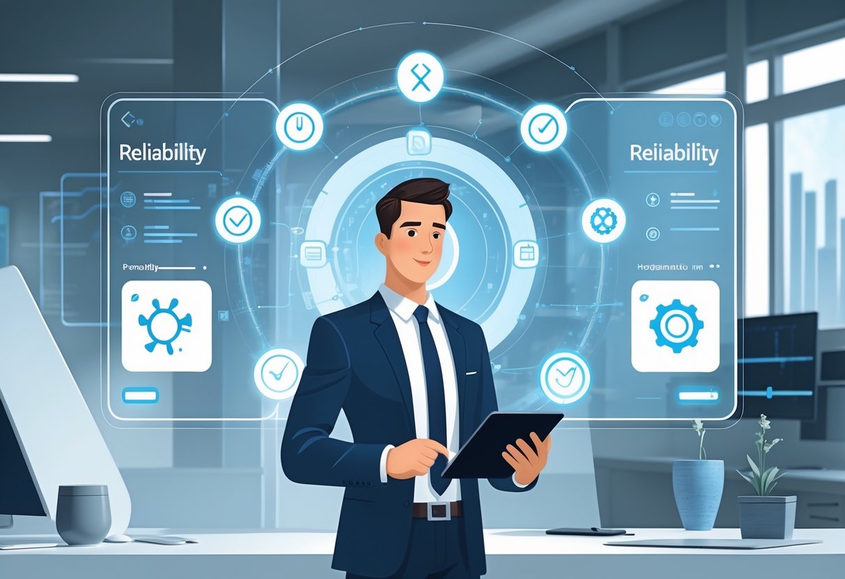 A business professional interacting with a futuristic digital interface showing icons related to reliability skills in a modern office setting.