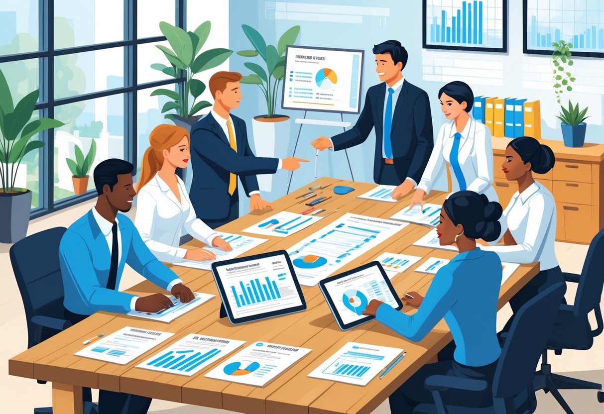 A group of HR professionals working together around a table with resumes and charts in a modern office.
