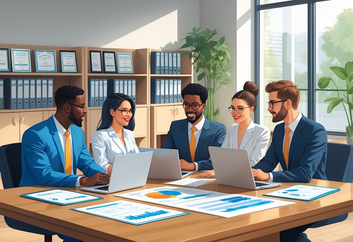 A group of professionals collaborating around a table in an office with documents and laptops related to quality management.