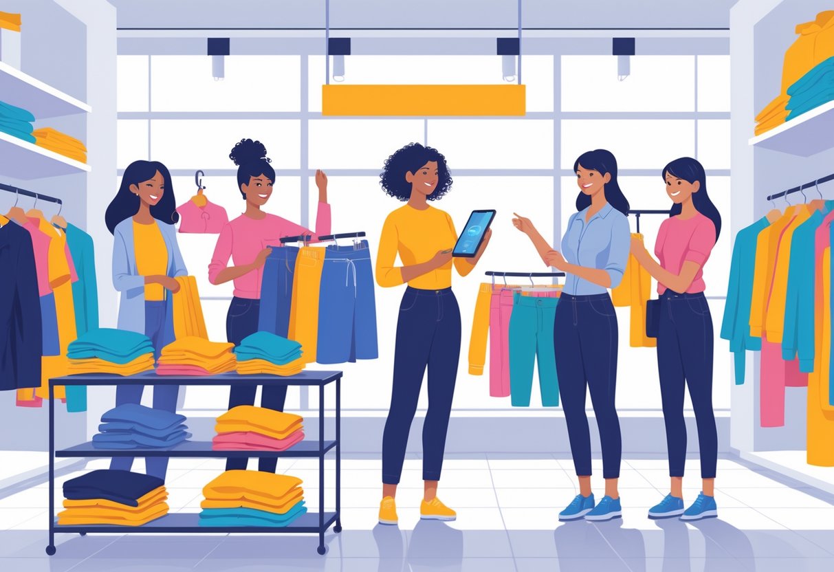 Five clothing store sales associates interacting with customers and organizing merchandise inside a modern retail store.