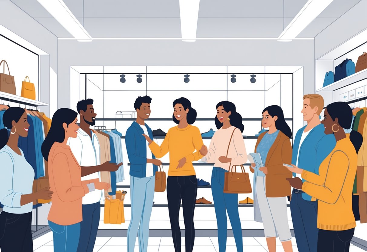 A clothing store sales associate helping customers by showing clothing options in a bright, organized retail setting.