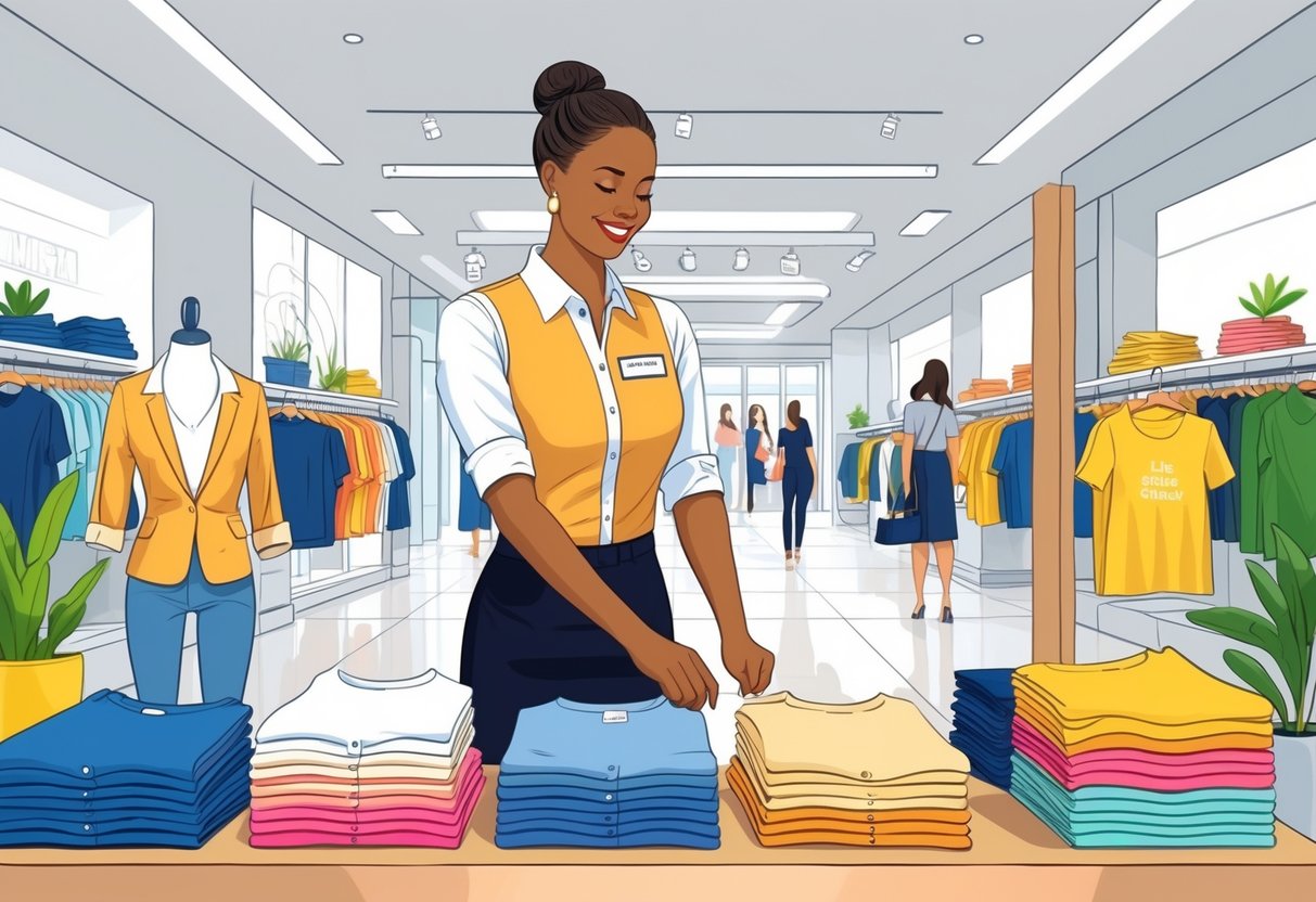 A clothing store sales associate arranging clothes on racks and shelves inside a bright retail store.