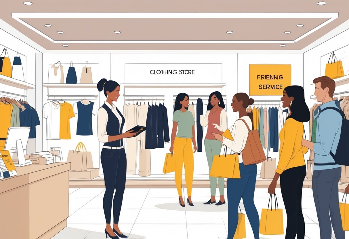 A clothing store sales associate helping customers in a bright, modern retail store with clothing racks and mannequins.