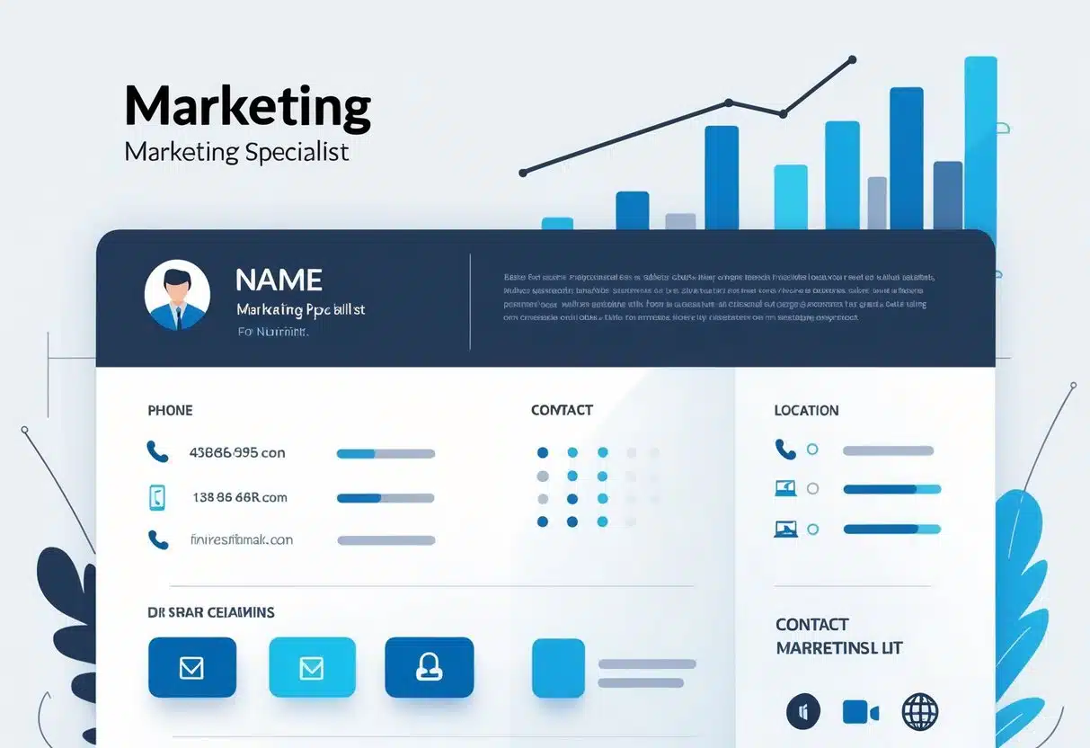 11 Marketing Specialist Resume Examples & Guide for 2025: Boost Your Job Search with Proven Templates 2 Illustration of a professional resume header layout with space for a name and contact information, surrounded by marketing-related icons and clean design elements.