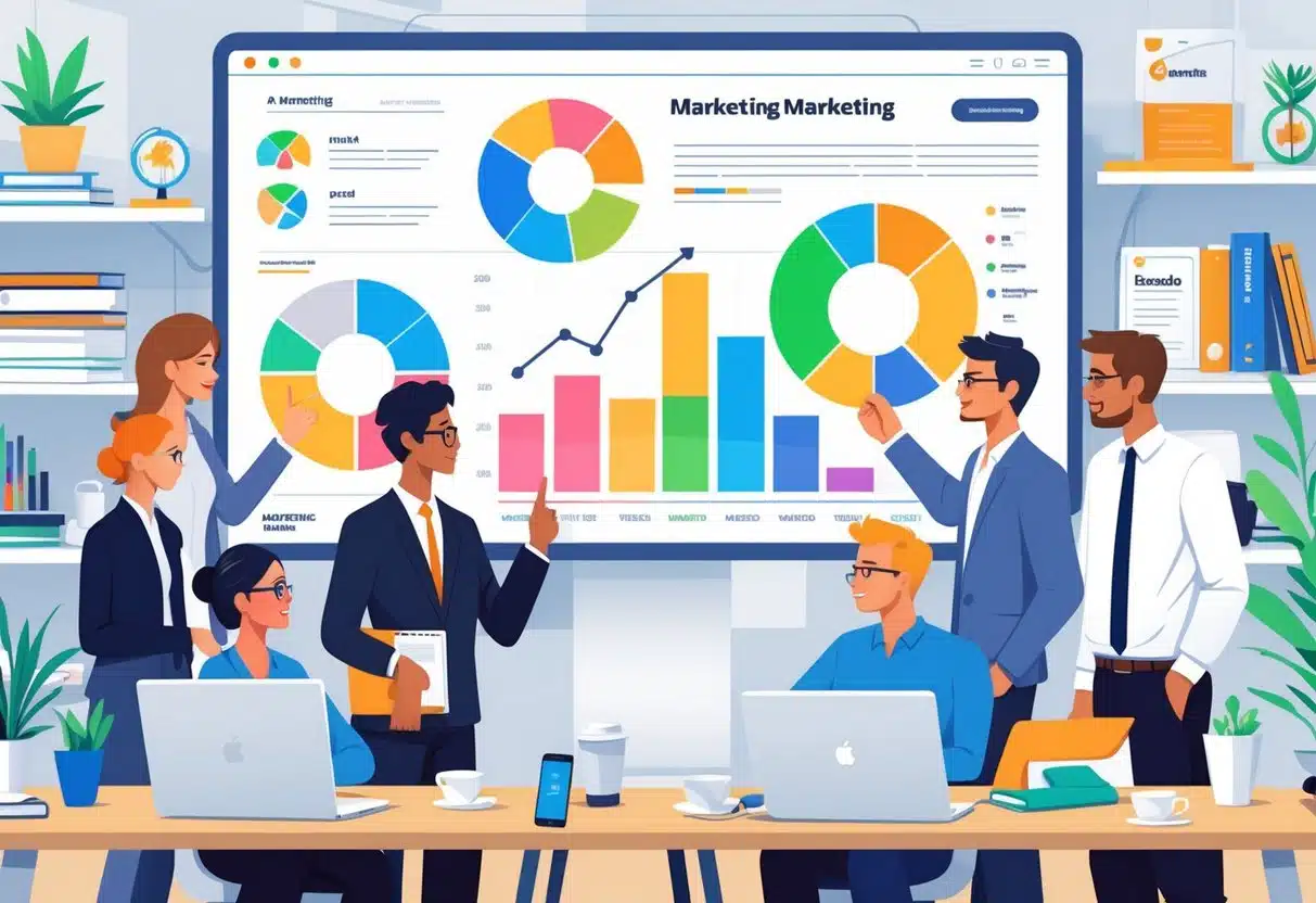 11 Marketing Specialist Resume Examples & Guide for 2025: Boost Your Job Search with Proven Templates 3 A marketing specialist explaining data and charts to colleagues in a modern office setting.