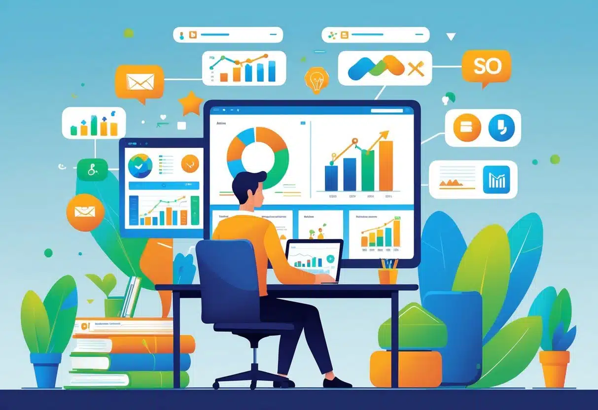 11 Marketing Specialist Resume Examples & Guide for 2025: Boost Your Job Search with Proven Templates 4 A marketing specialist working at a desk with charts, graphs, and marketing icons around them, showing a successful campaign environment.