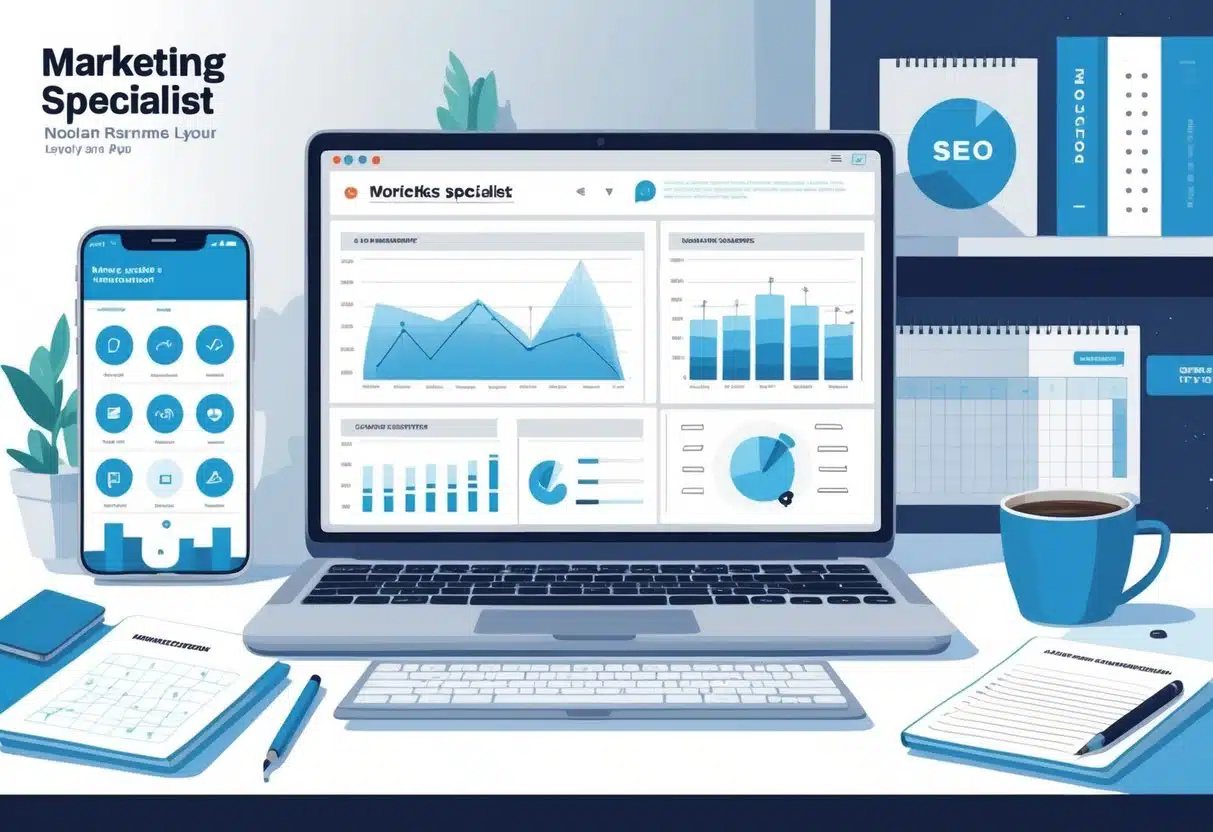 11 Marketing Specialist Resume Examples & Guide for 2025: Boost Your Job Search with Proven Templates 5 A professional workspace showing a laptop with charts and graphs, a smartphone with social media icons, a notebook, and a coffee cup on a desk.