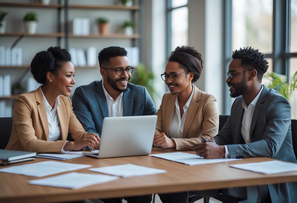 A group of four people having a friendly and collaborative discussion around a conference table in an office.