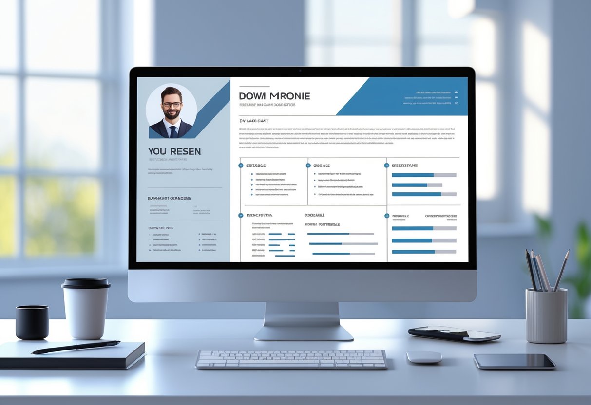 One Page Resume Templates for 2025 | PDF & TXT – Modern, Downloadable Options for Job Seekers 1 A modern workspace showing a computer screen with a one-page resume template displayed, surrounded by office items on a desk.