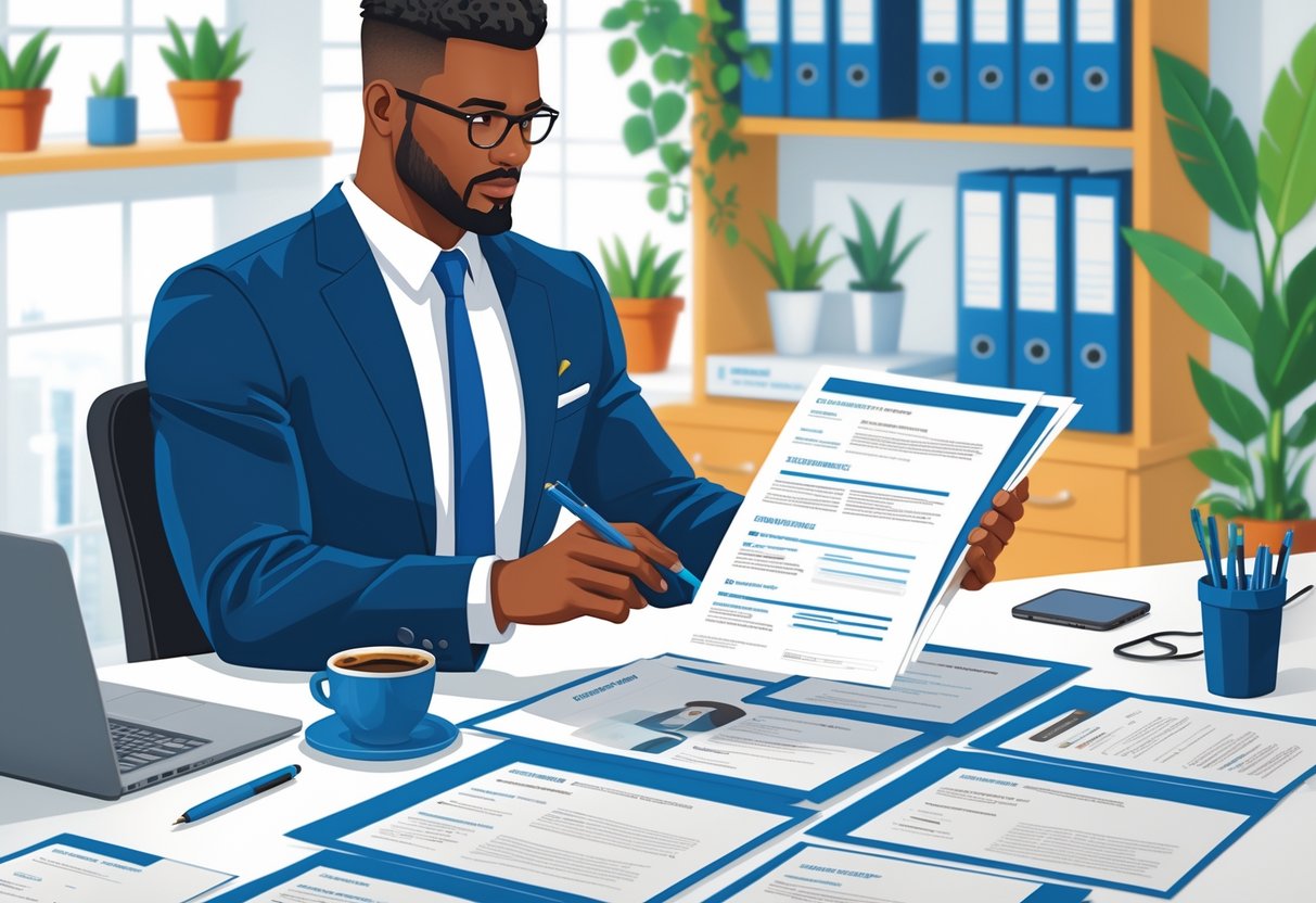 15 Sales Manager Resume Examples - RoboApply: Top Templates and Expert Tips for 2025 1 A sales manager reviewing resumes at a desk in a modern office.