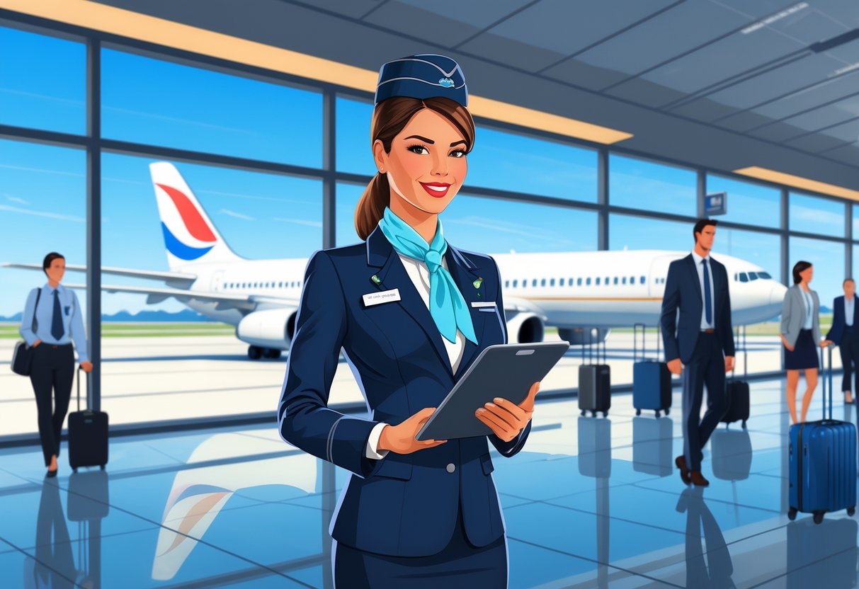 13 Flight Attendant Resume Examples & Guide for 2025: Tips for a Standout Application 1 A flight attendant standing in an airport terminal near a plane, holding a tablet, with travelers and luggage in the background.