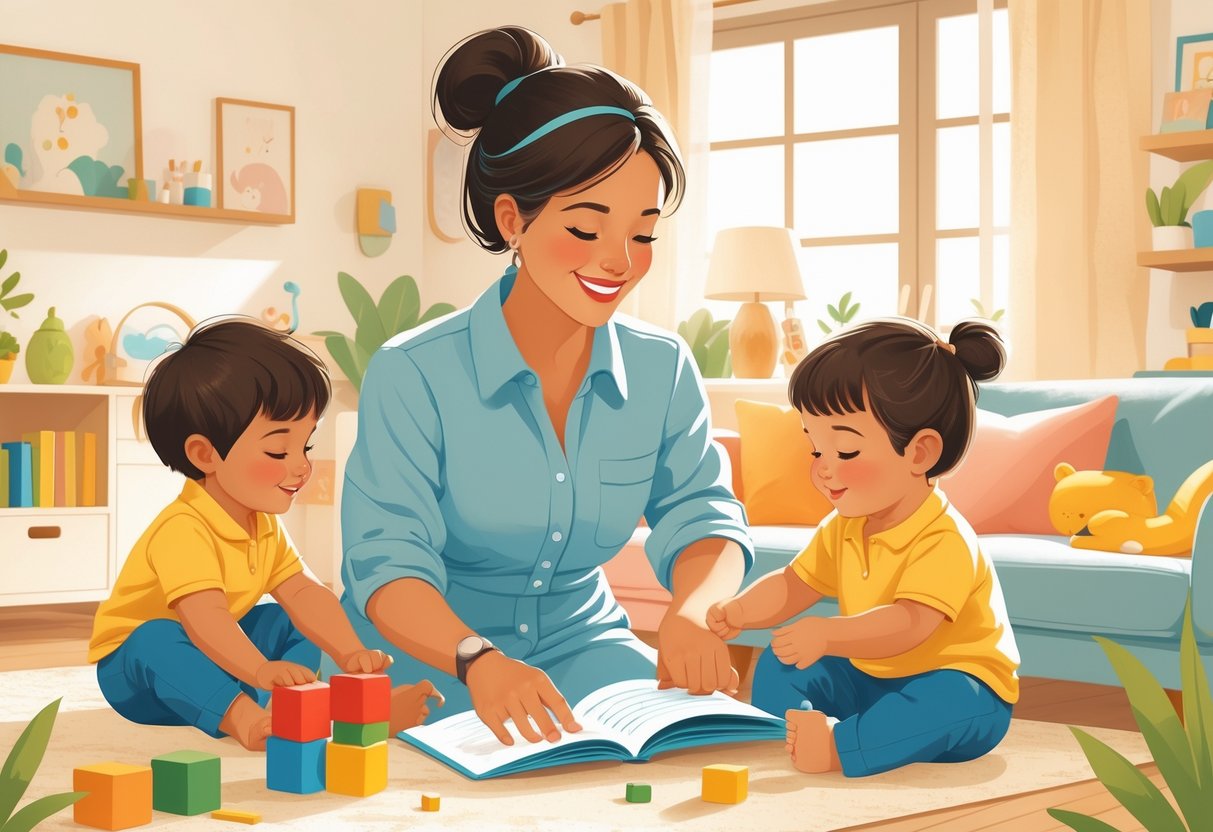 A nanny playing and reading with two children in a cozy, well-organized living room.