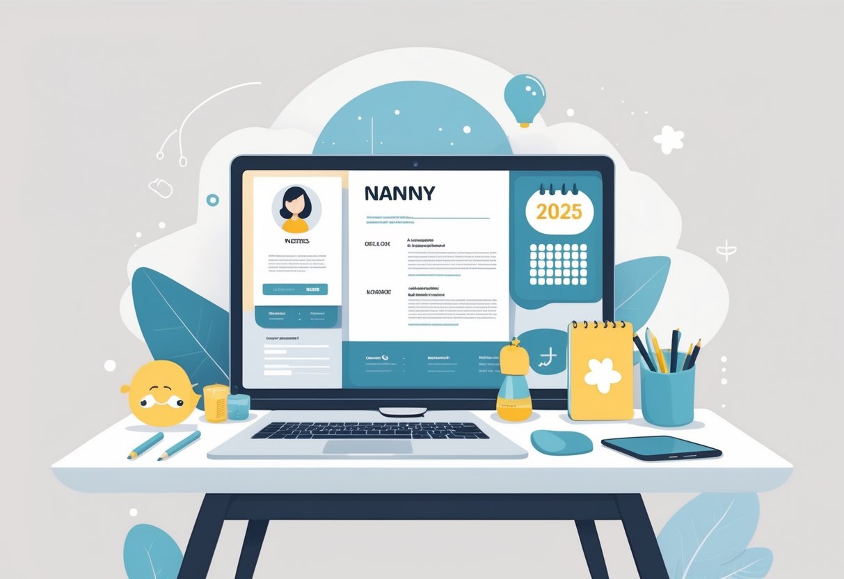 A tidy workspace with a laptop, calendar showing 2025, and childcare-related items like toys and a baby bottle, representing nanny resume preparation.