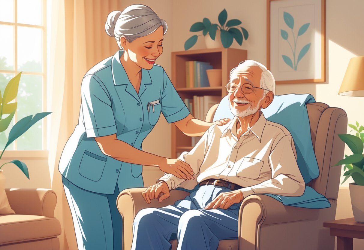 An elderly caregiver helping a senior person in a cozy living room.