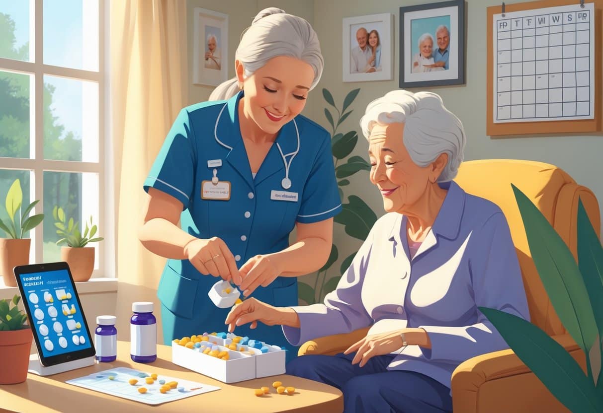 An elderly caregiver organizing medication for an elderly person in a cozy home setting.