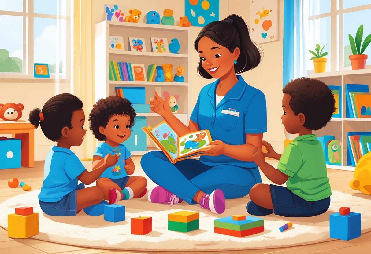 A nanny playing and reading with three young children in a bright, organized playroom filled with toys and books.