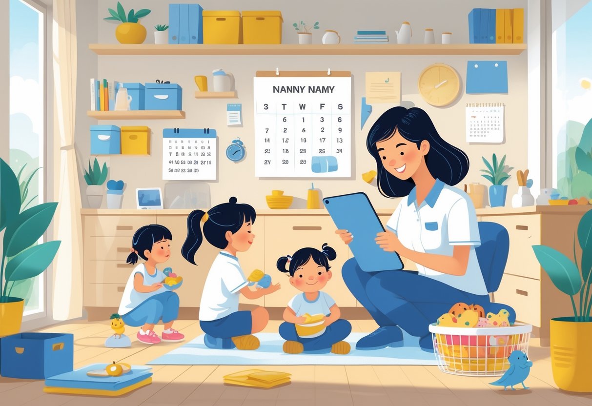 A nanny managing household tasks while caring for children in a tidy, bright home.