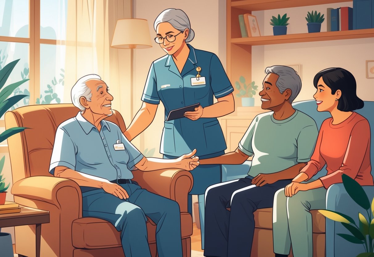 An elderly caregiver talking with a family in a cozy living room, showing attentive and friendly communication.