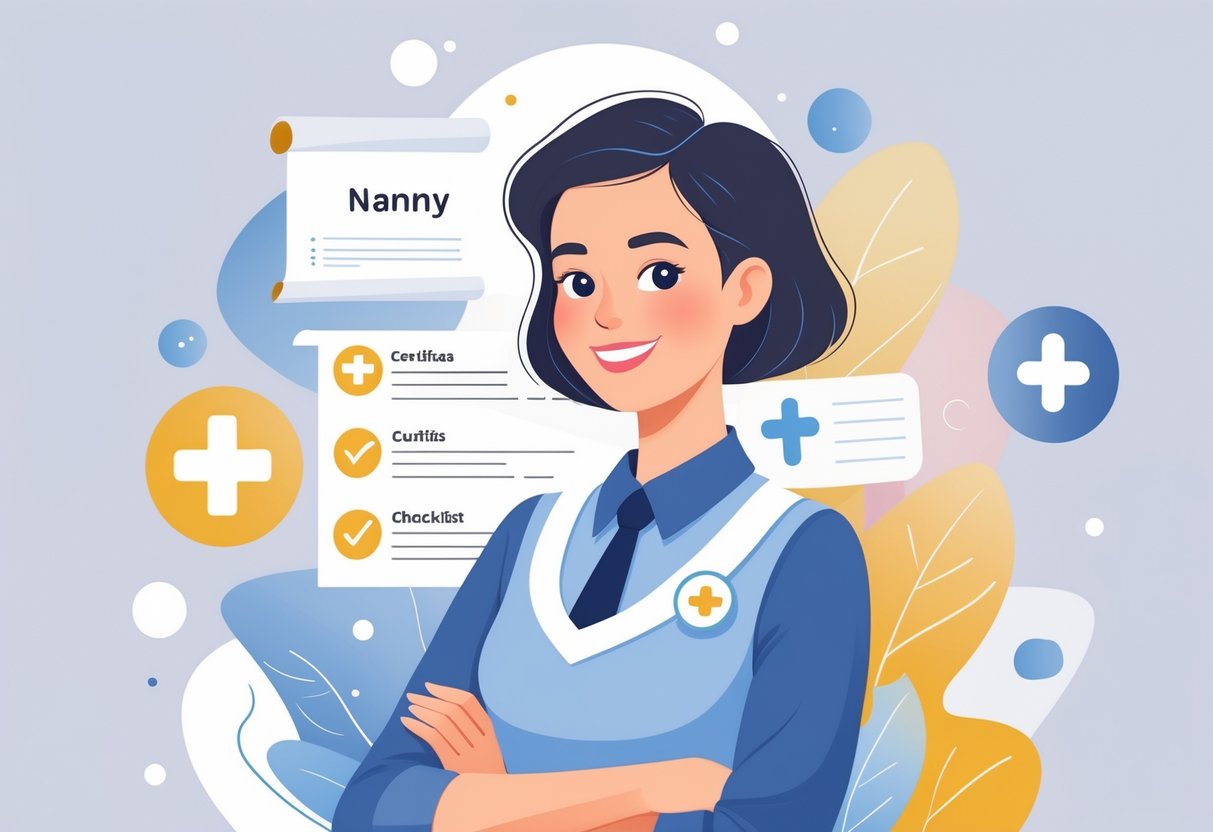 A confident nanny surrounded by icons representing certifications and training, including a diploma, first aid cross, checklist, baby bottle, and book.