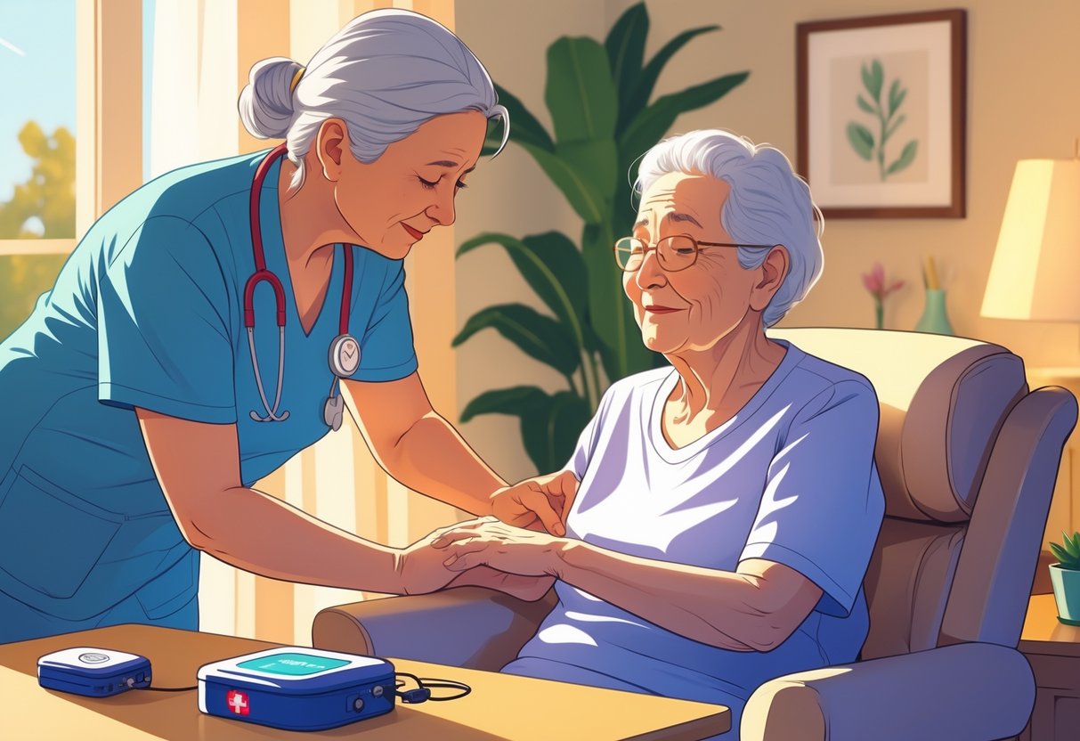 An elderly caregiver assisting an older adult with emergency response actions in a home setting, showing care and preparedness.