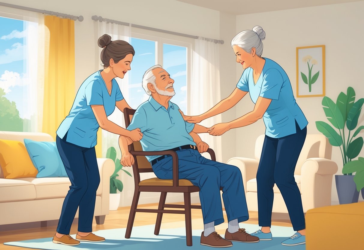 An elderly caregiver helping an older man stand up from a chair in a bright living room.