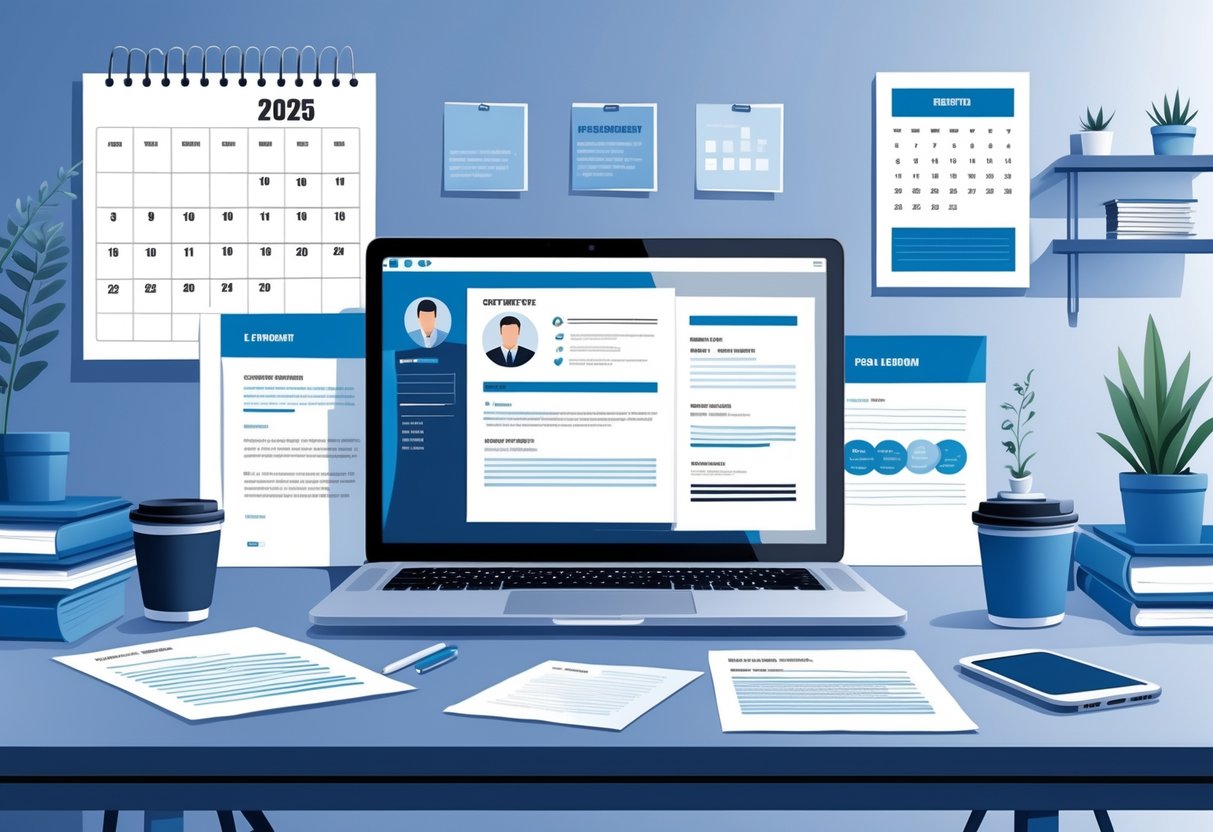 A modern workspace with a laptop showing a digital resume, documents on a desk, a coffee cup, and a calendar marked 2025 in the background.