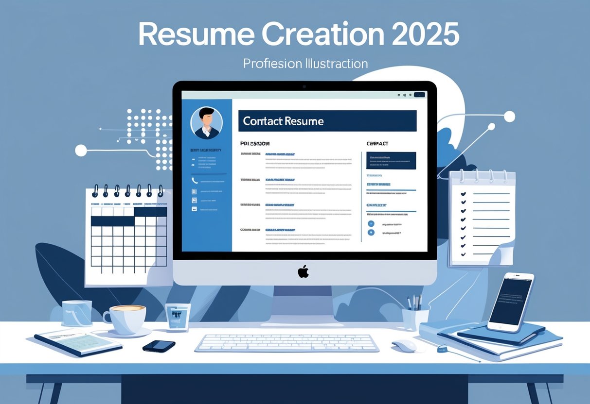 A modern workspace with a computer showing a resume layout, surrounded by office items like a calendar, coffee cup, notepad, and smartphone.