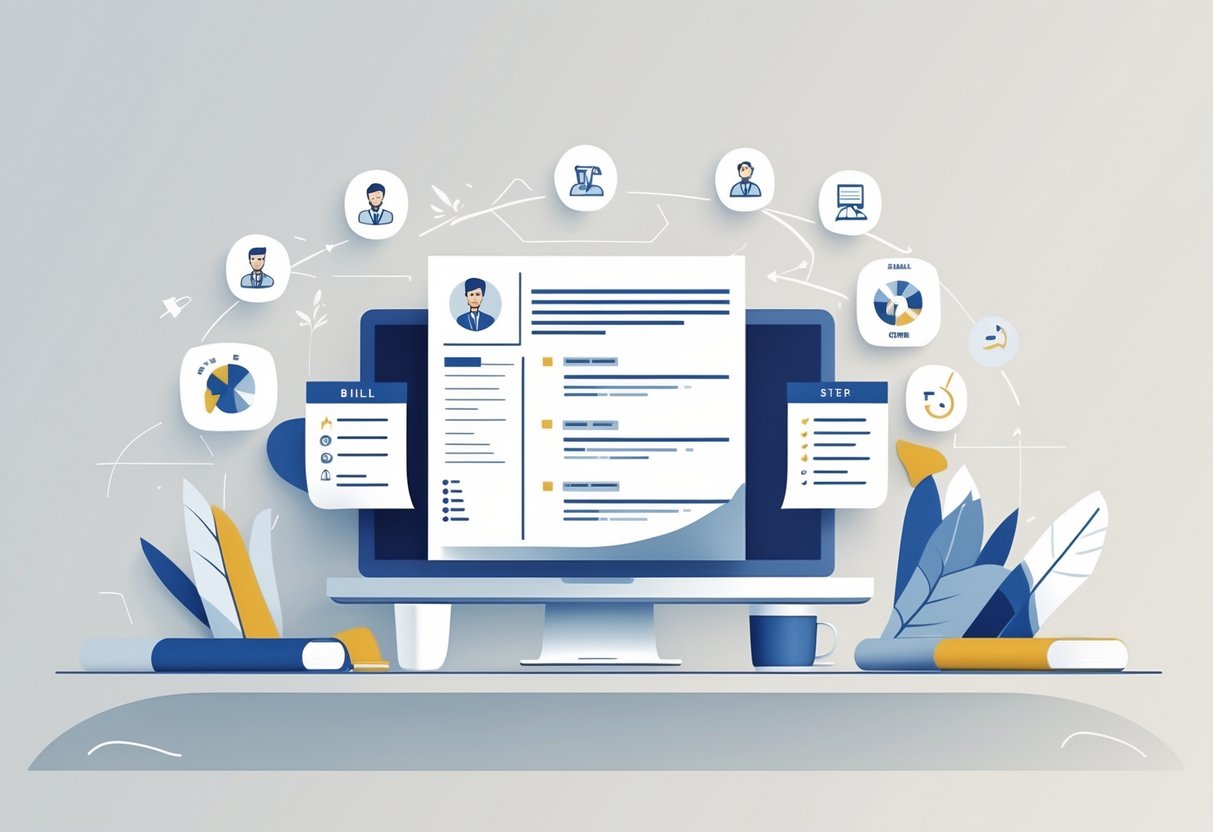 A modern workspace with a laptop showing a resume layout surrounded by icons representing different skills and achievements.
