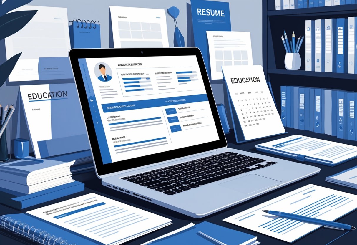 An organized workspace with a laptop showing a resume layout, surrounded by documents, stationery, and a bookshelf with educational books and certificates.