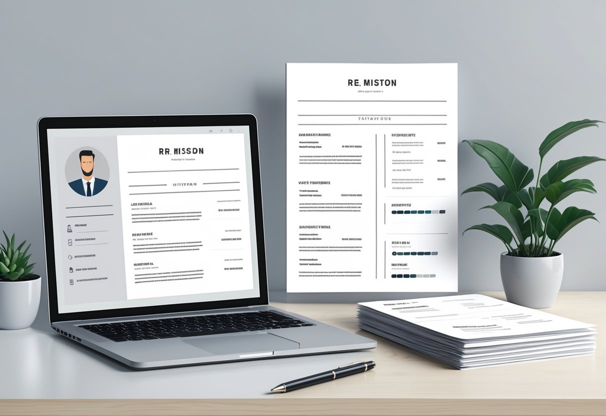 A modern workspace with a laptop displaying a clean resume layout, printed resume pages, a pen, and a small plant on a light wooden desk.