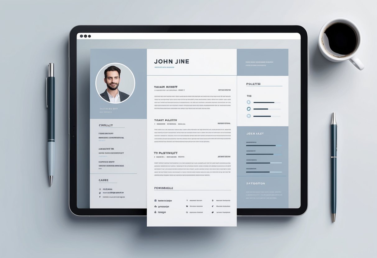 A digital device on a clean desk displaying a simple resume layout with organized sections and minimal office supplies nearby.
