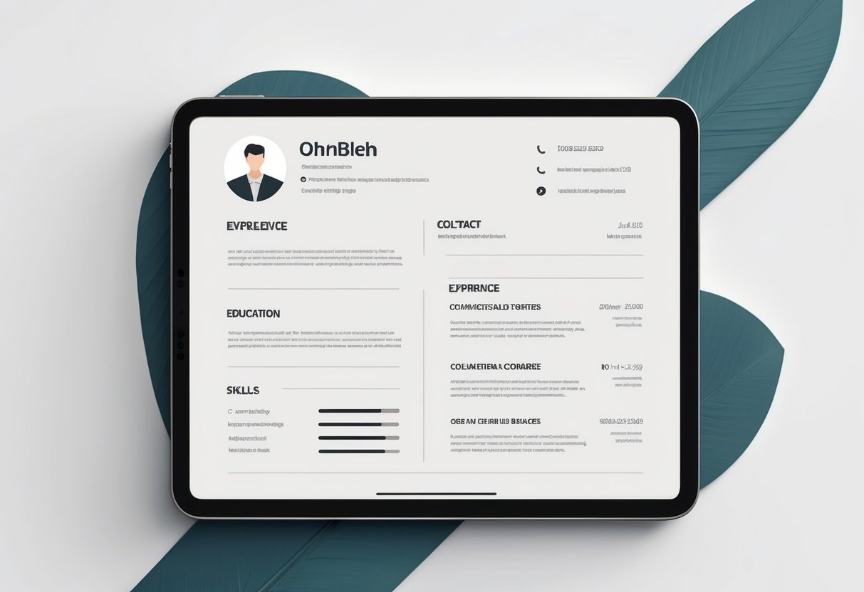 A clean and organized resume layout displayed on a digital device screen with sections for profile, experience, education, and skills.