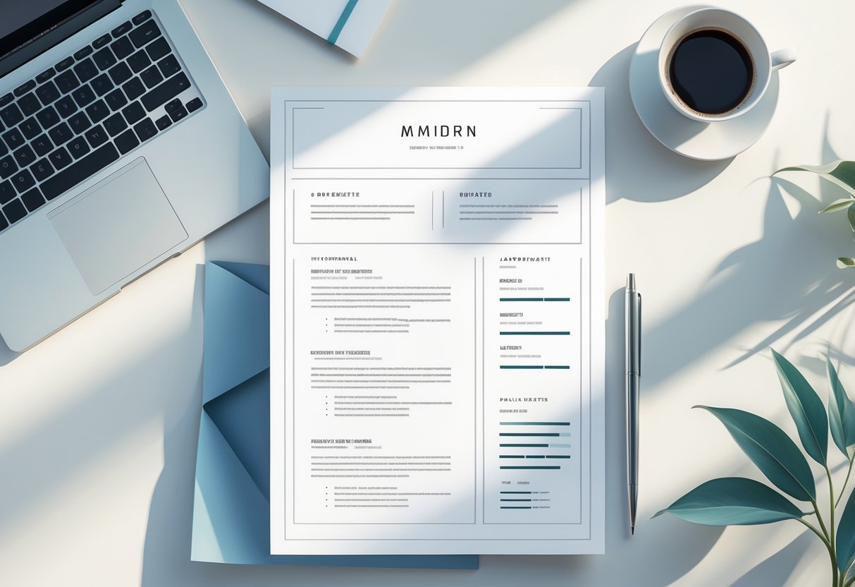 A clean and organized workspace with a minimalist resume template displayed on a laptop and a desk with office supplies.