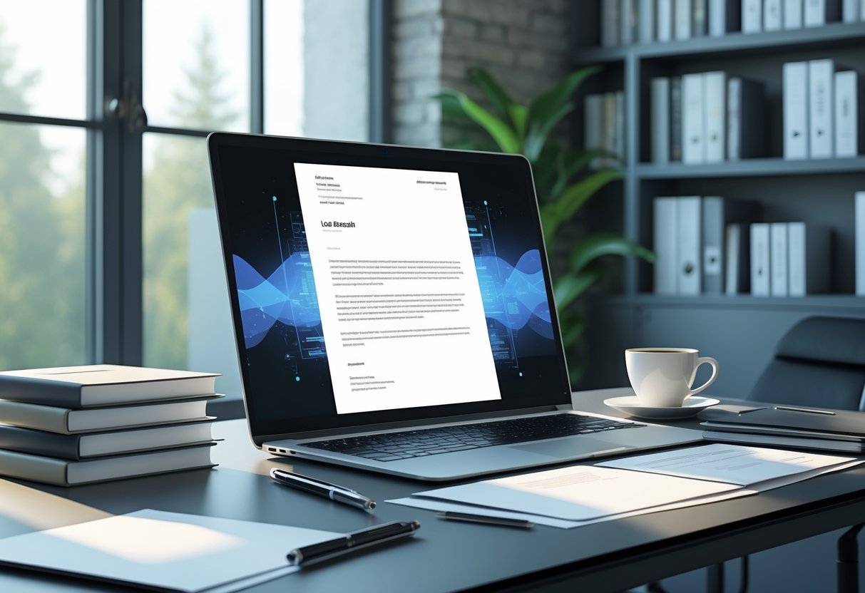 A modern office desk with a laptop, papers, pen, coffee cup, and a bookshelf in the background.