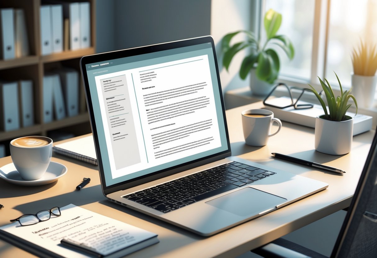 A desk with a laptop showing a cover letter with indented paragraphs, surrounded by office supplies and soft natural light.