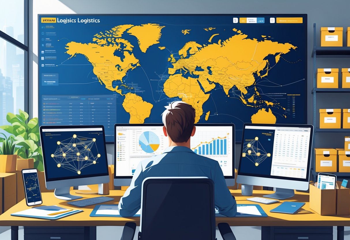 17 Logistics Coordinator Resume Examples & Guide for 2025: Craft Your Standout Application 1 A person working at a desk with multiple screens showing maps and shipment routes in an organized office with shelves of boxes and a digital logistics network board on the wall.