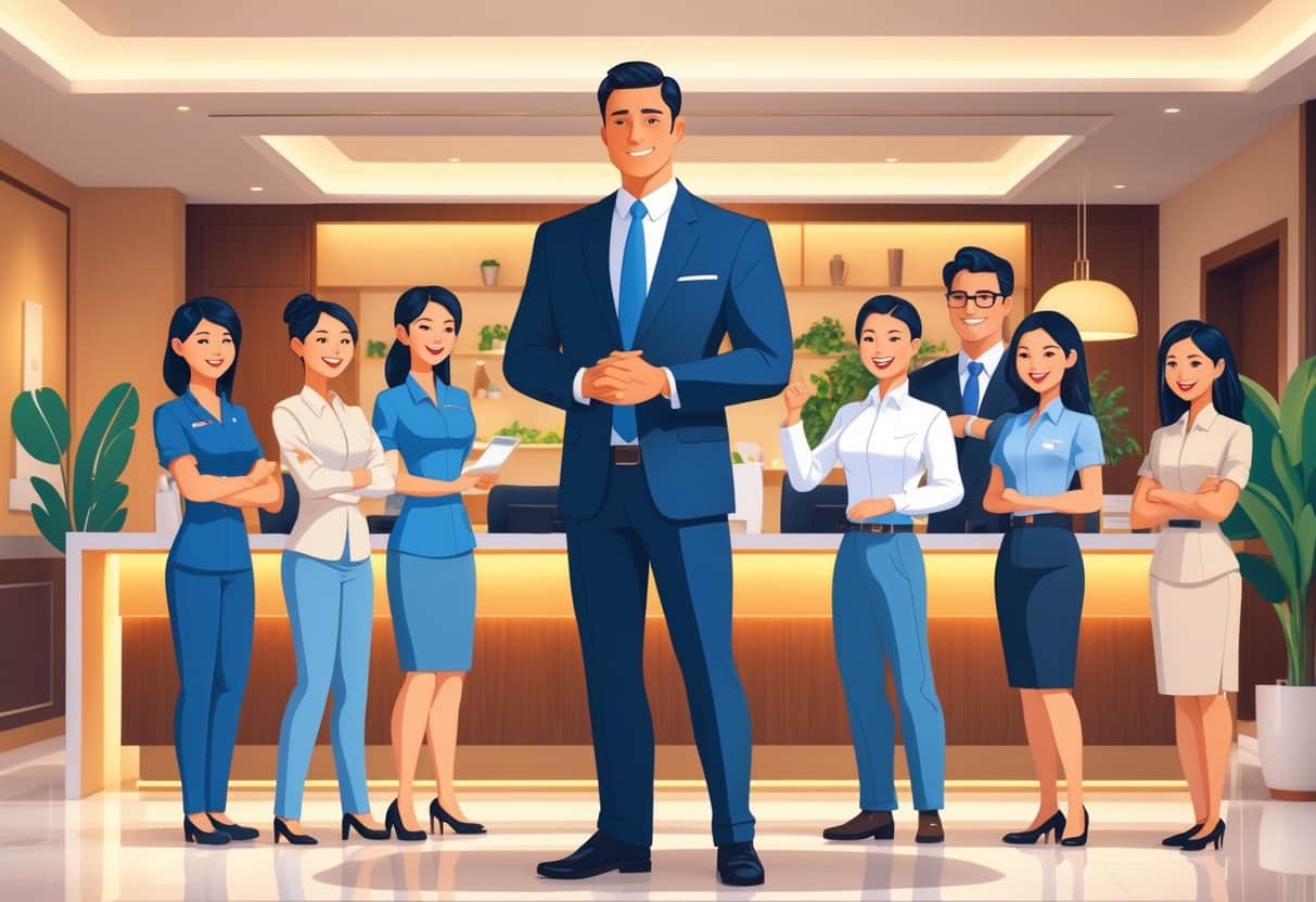 A hotel general manager standing confidently in a hotel lobby surrounded by smiling hotel staff, showing teamwork and success.