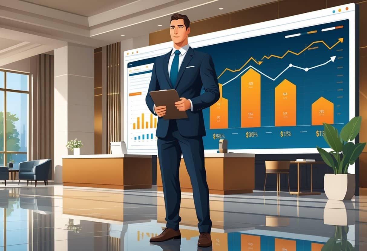 A hotel general manager standing in a modern hotel lobby with digital graphs showing business growth in the background.