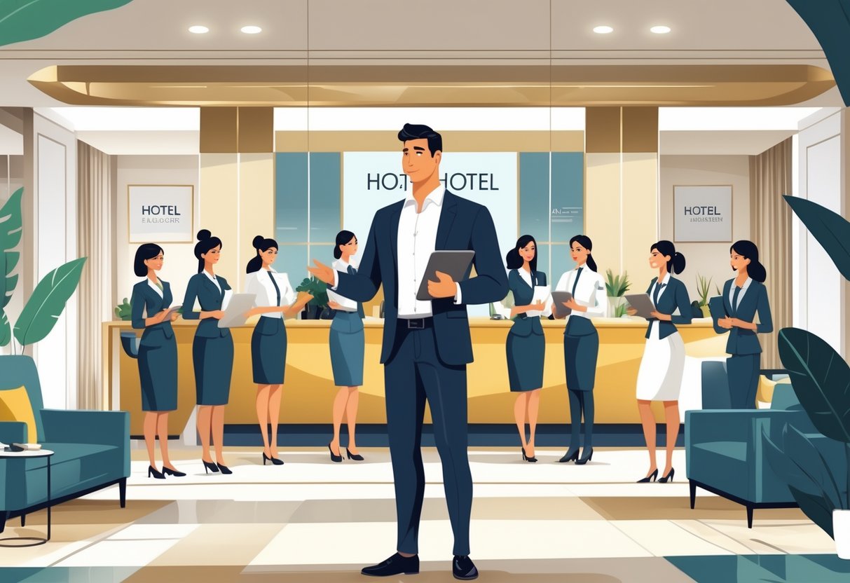 A hotel general manager standing in a lobby, interacting with staff from different departments in a busy hotel environment.