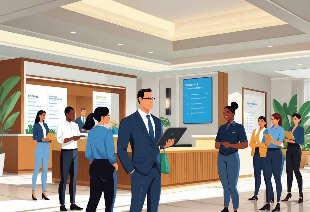 A hotel general manager interacts with a diverse team in a modern hotel lobby, emphasizing teamwork and leadership.