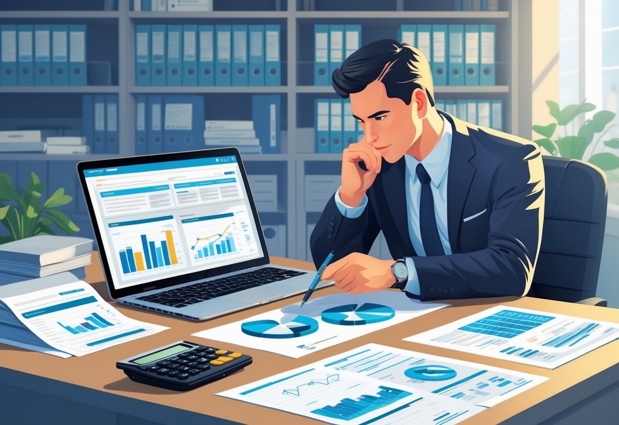 5 Auditor Resume Examples & Guide for 2025: Build a Standout Application for Today’s Job Market 1 An auditor reviewing financial documents at a desk with a laptop, calculator, and organized office shelves in the background.
