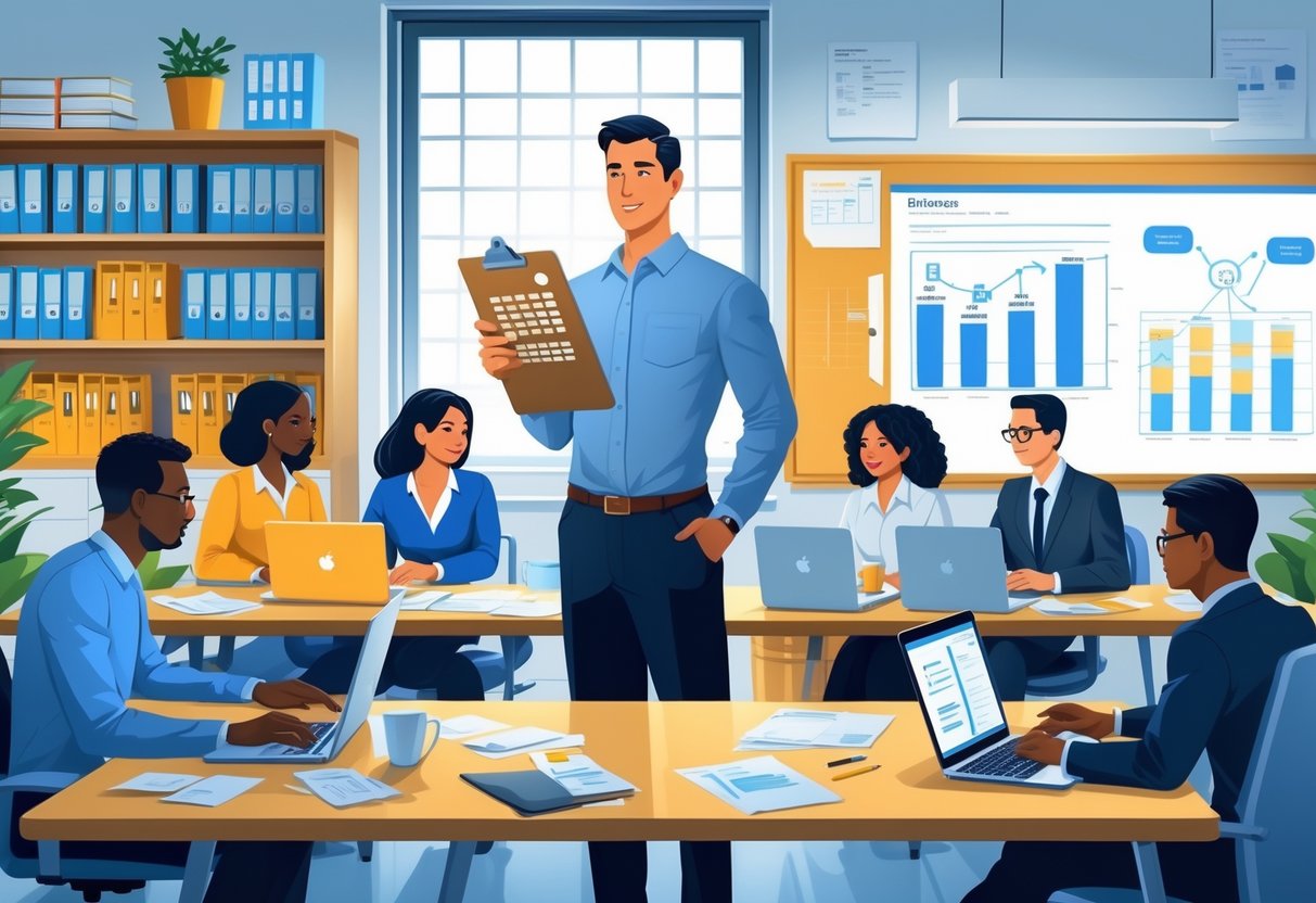 A supervisor reviewing a clipboard while team members work together in an office environment with desks, computers, and a whiteboard.