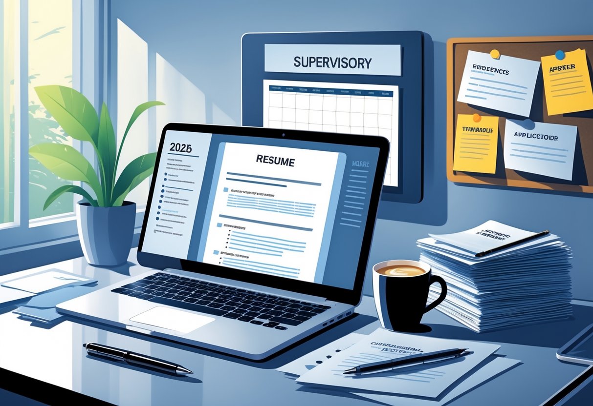 A modern workspace with a laptop, papers, coffee cup, and calendar showing the year 2025, focused on resume preparation.