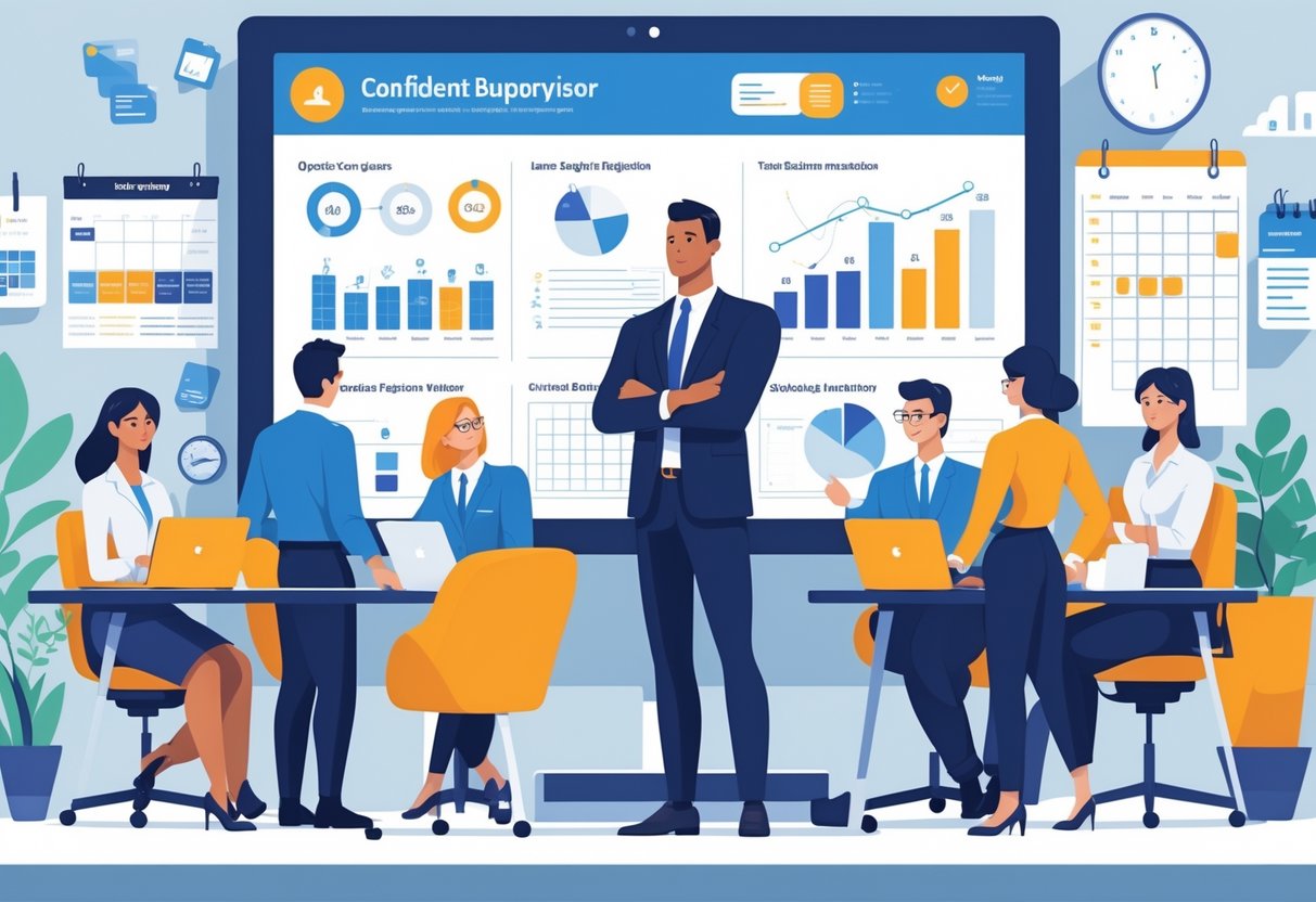 A supervisor standing in an office with team members collaborating and charts displayed on a screen, representing leadership and teamwork.